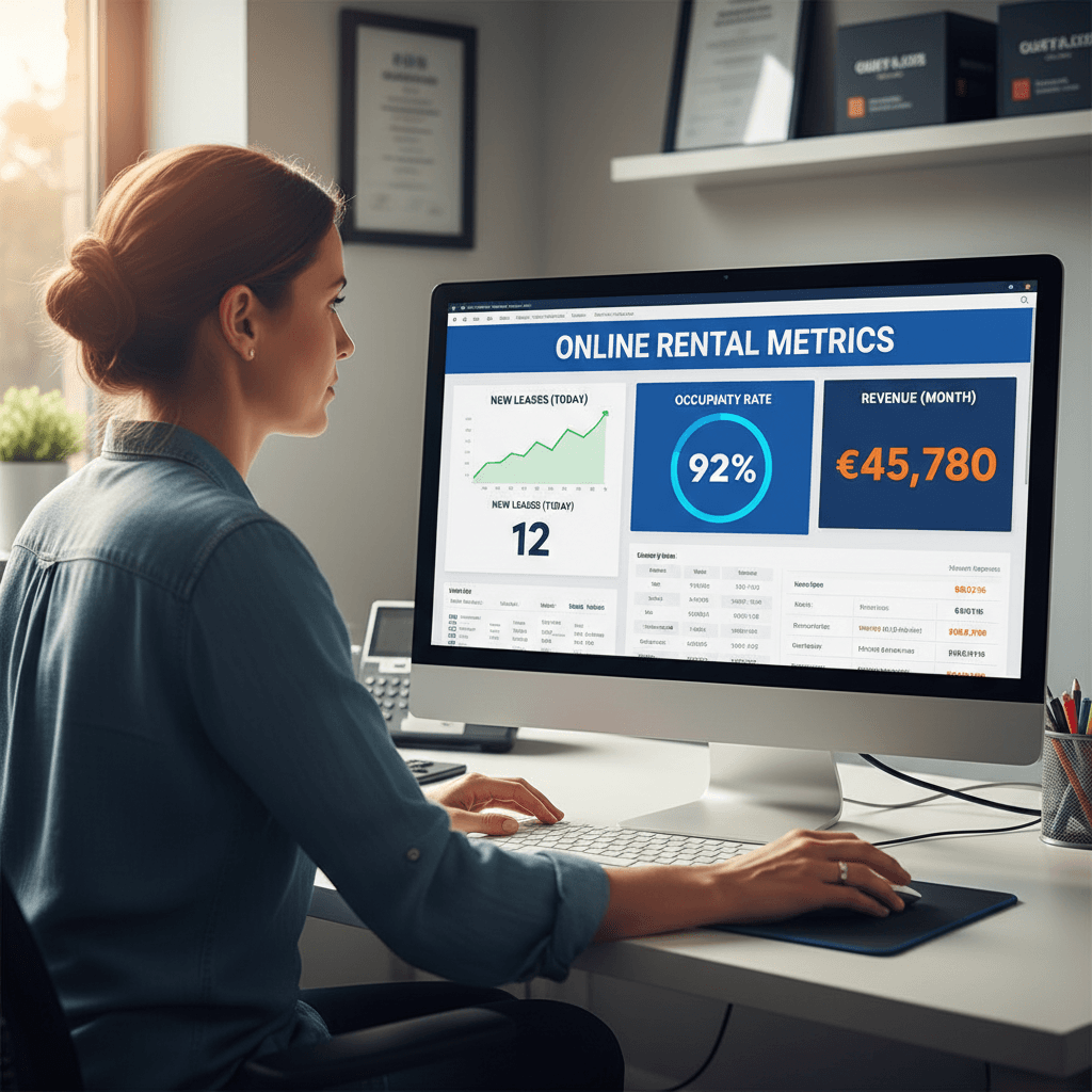 Storage facility manager reviewing online rental dashboard